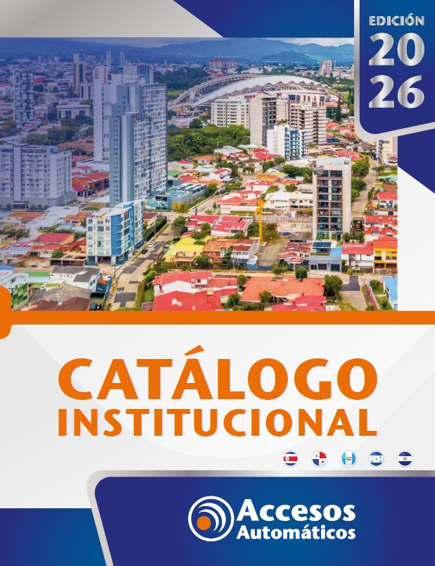 Portada del “Catálogo Institucional – Edición 2026” de Accesos Automáticos. Presenta una vista aérea de una ciudad con edificios residenciales y corporativos, techos rojos y un estadio al fondo, rodeado de montañas. El diseño incluye el logotipo de la empresa en la parte inferior, el texto destacado “Catálogo Institucional” en color naranja, una franja vertical con “Edición 2026” en la parte superior derecha y elementos gráficos en azul y naranja, además de íconos de banderas de países.